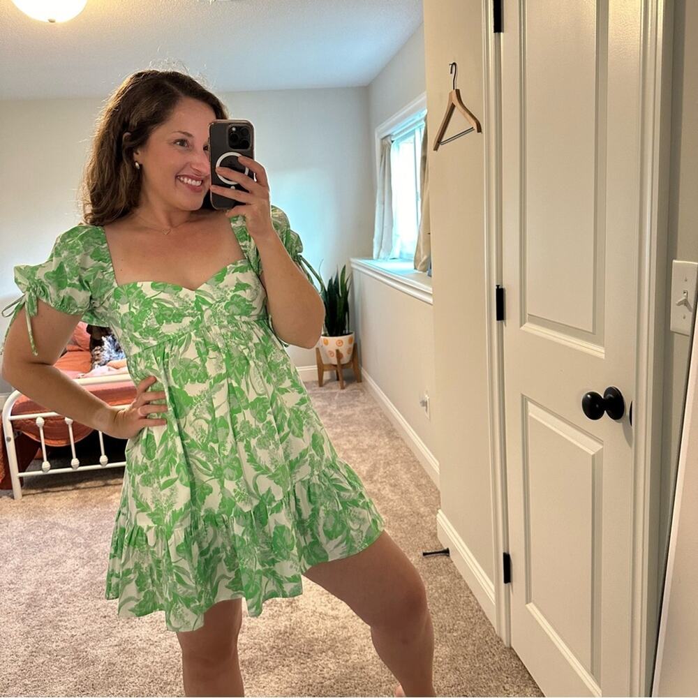 Tuckernuck Mason Baker Green White Floral Cotton Puff Sleeve Sexy Mini Dress M - Picture 2 of 14